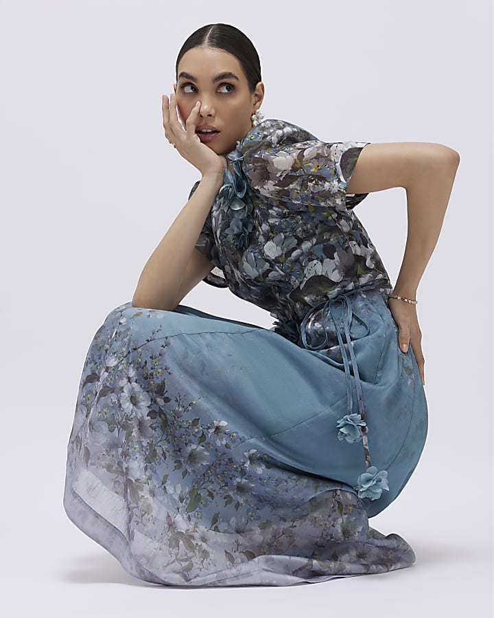 blu floreale 3d corsage midi dress