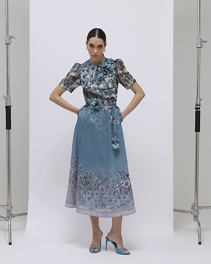 blu floreale 3d corsage midi dress