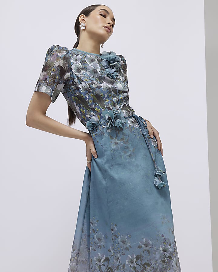 blu floreale 3d corsage midi dress