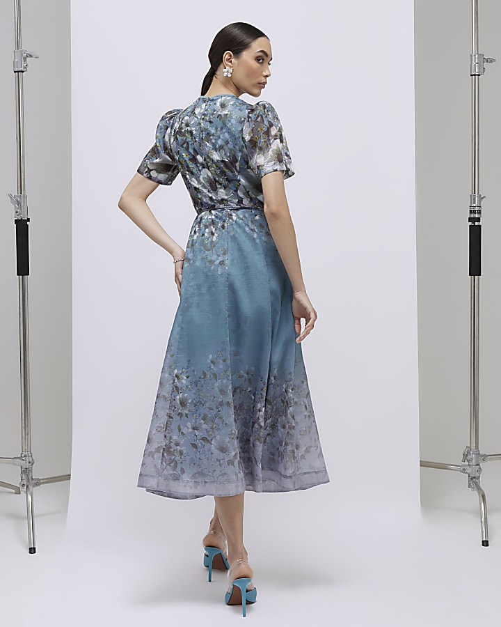 blu floreale 3d corsage midi dress