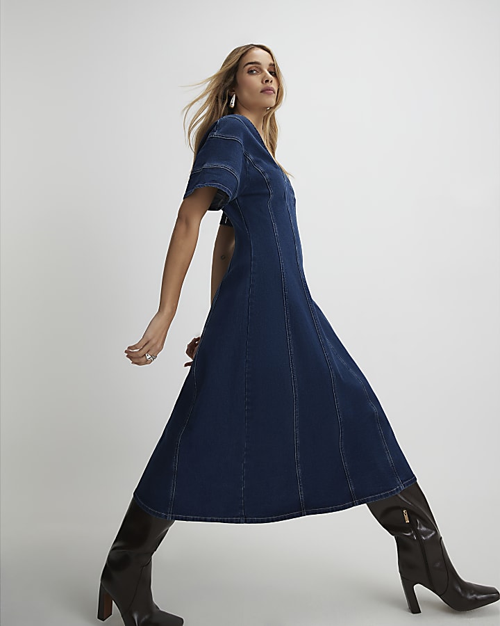 denim blu manica corta in tessuto midi dress