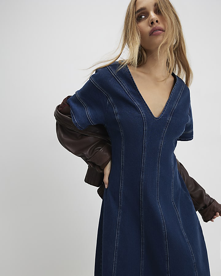 denim blu manica corta in tessuto midi dress