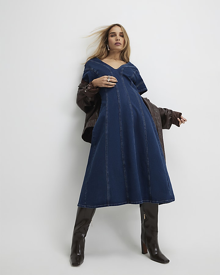 denim blu manica corta in tessuto midi dress