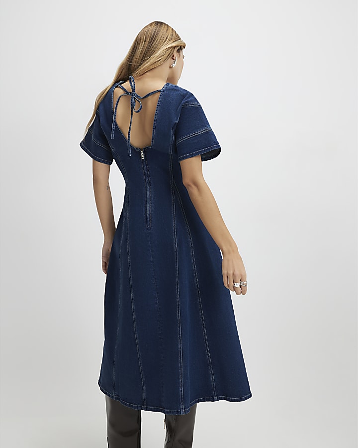 denim blu manica corta in tessuto midi dress