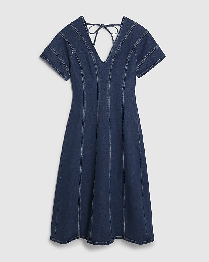 denim blu manica corta in tessuto midi dress