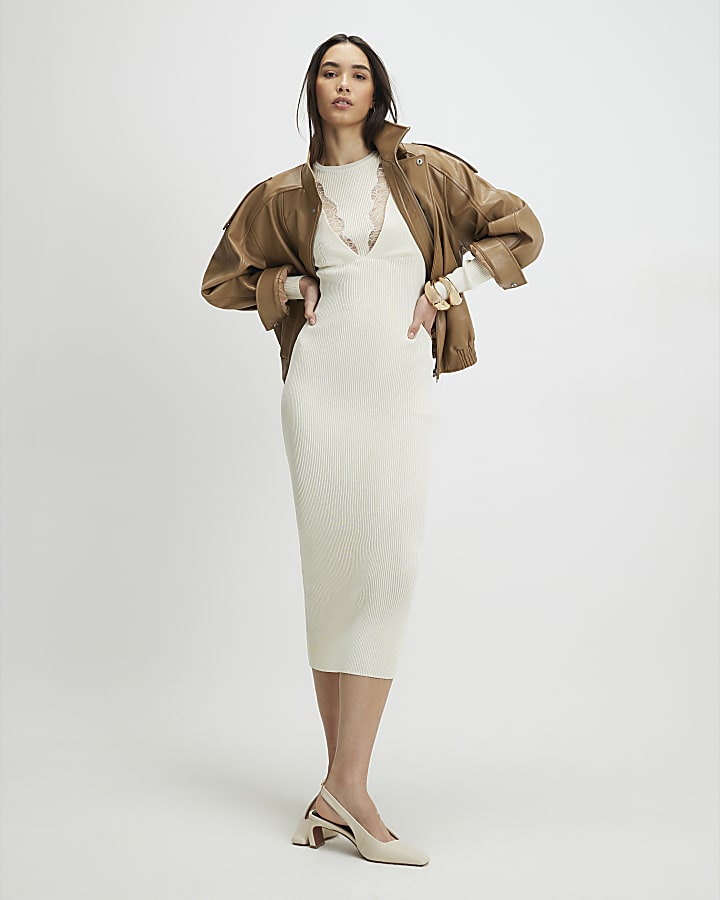 crema con inserto in pizzo costola midi dress