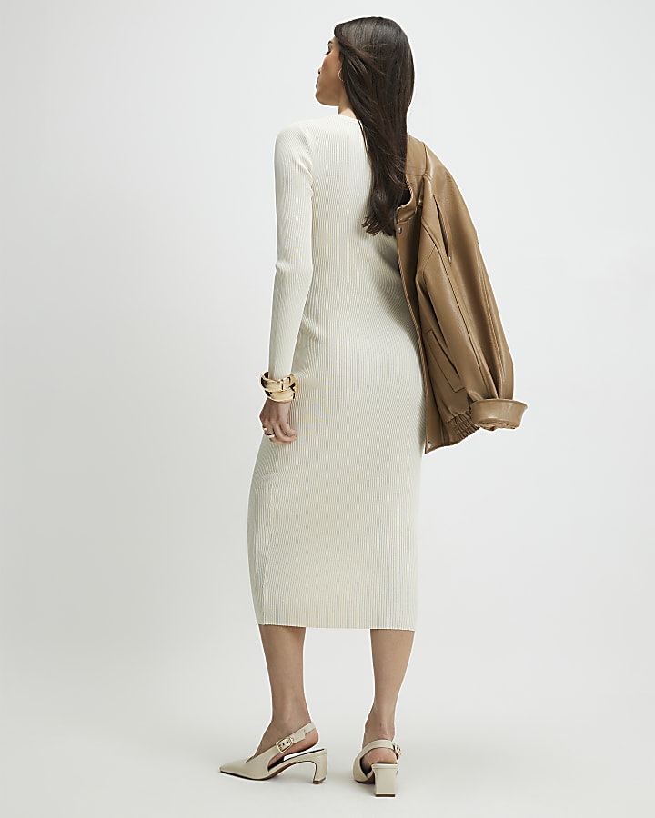 crema con inserto in pizzo costola midi dress