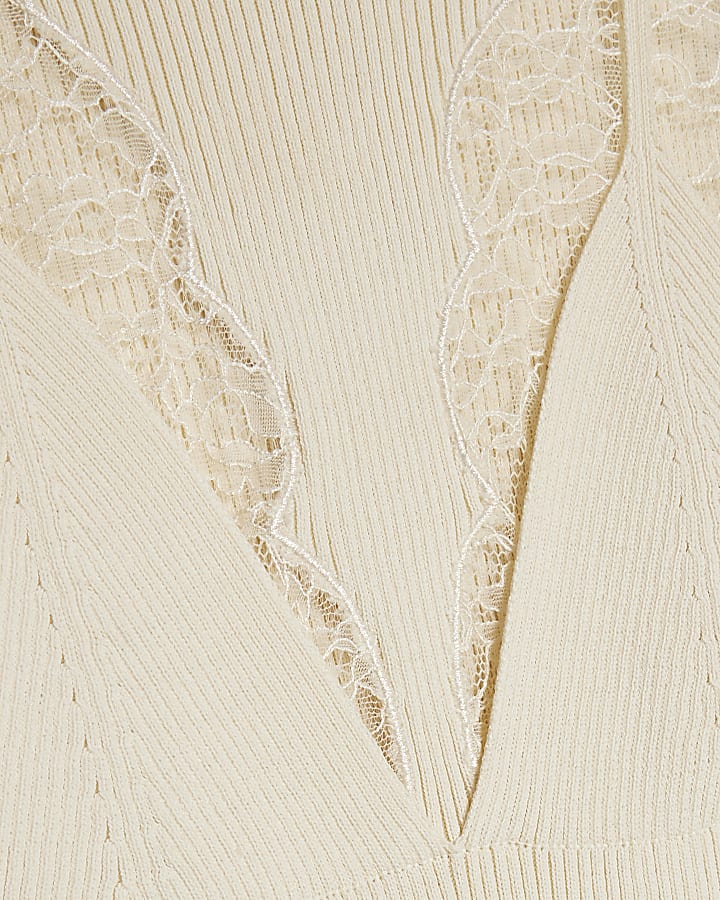 crema con inserto in pizzo costola midi dress