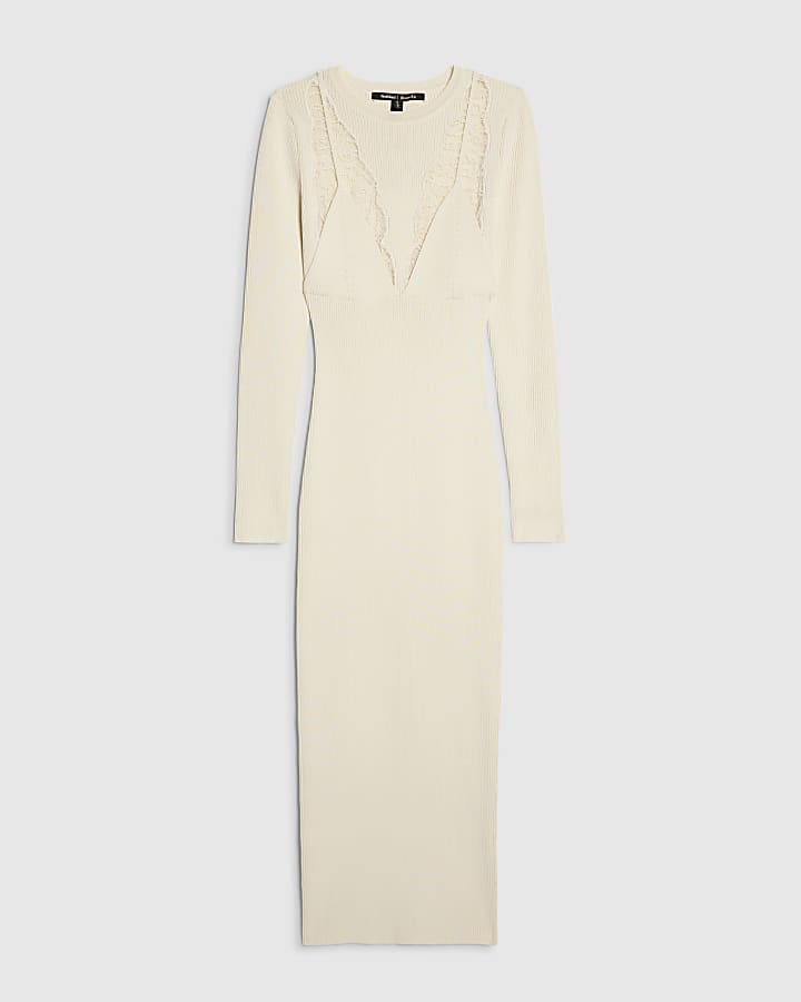 crema con inserto in pizzo costola midi dress