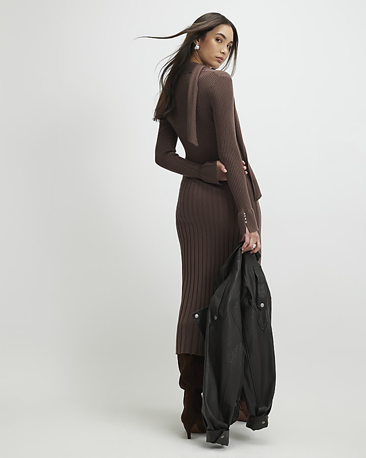 marrone a maglia manica lunga collo cravatta midi dress