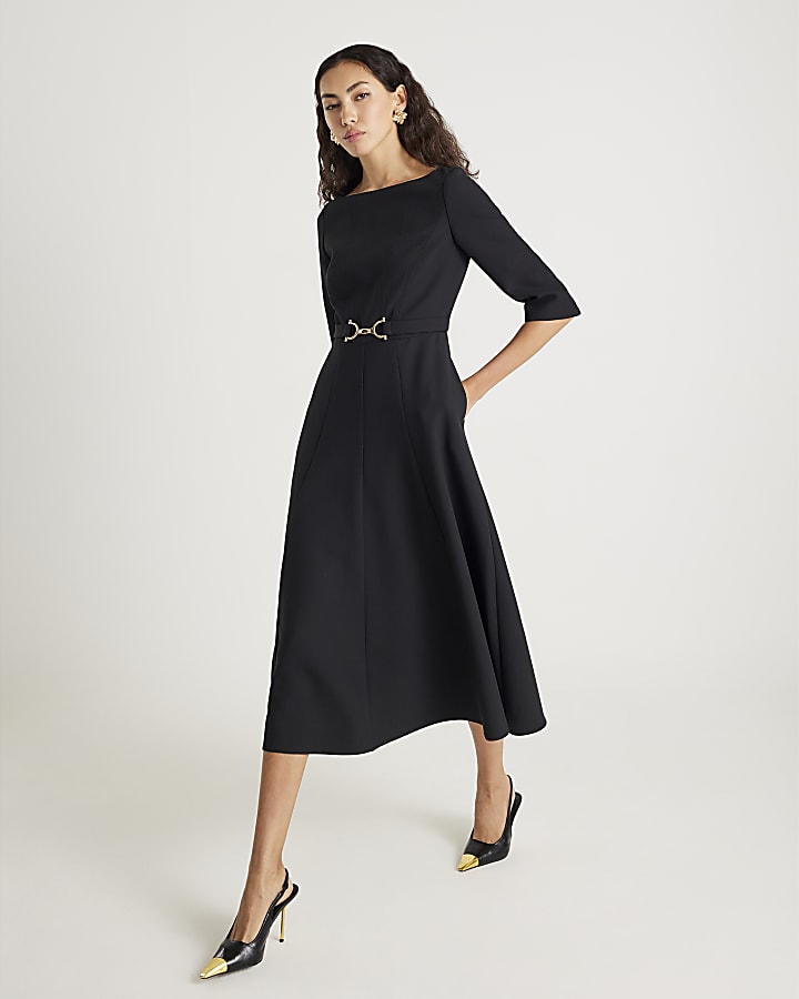 nero manica lunga e scollo a barchetta cintura midi dress
