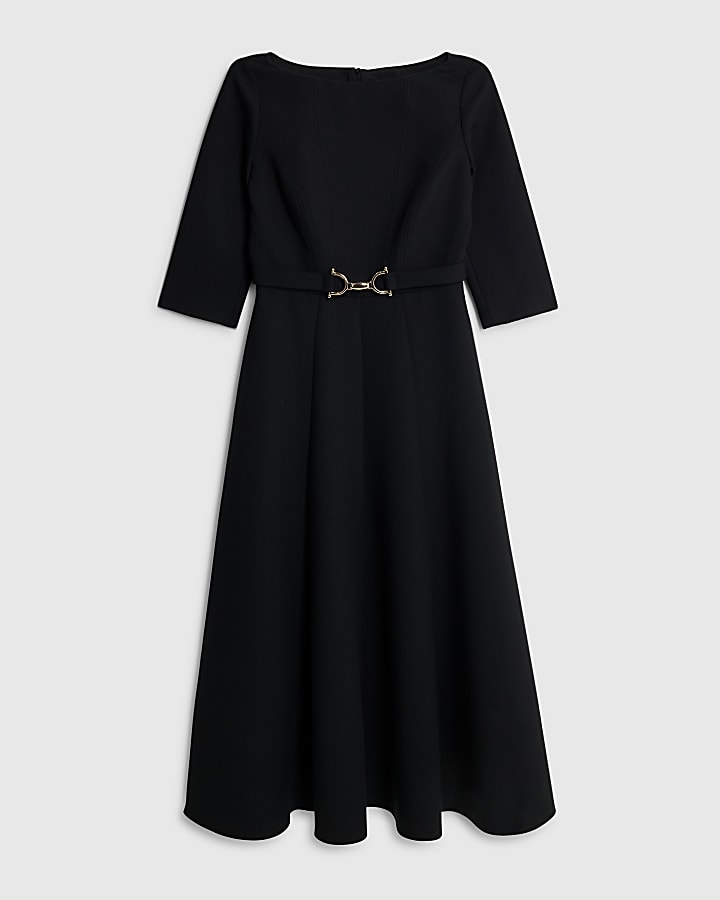 nero manica lunga e scollo a barchetta cintura midi dress