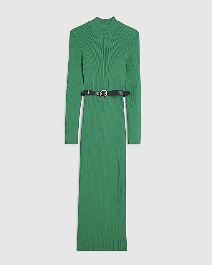 maglia verde con cintura a costine midi dress