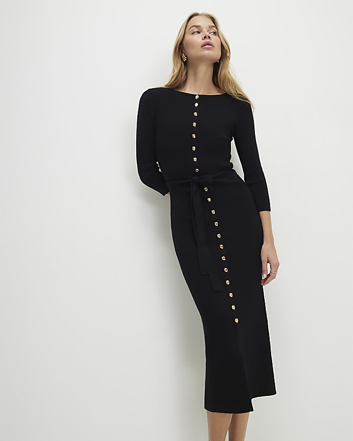 nero con cintura a costine maglia midi dress