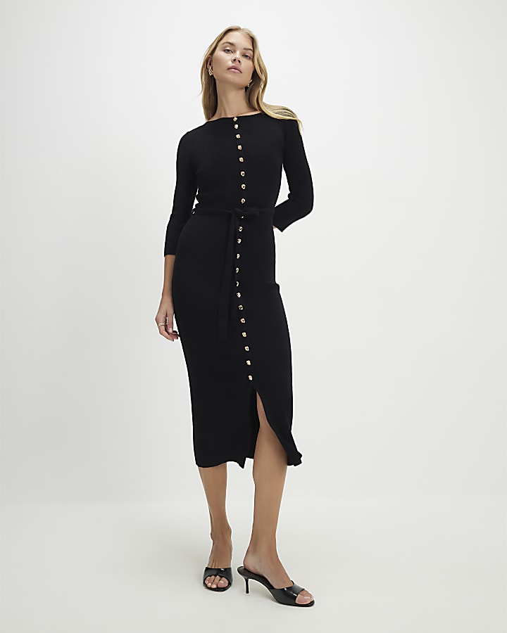 nero con cintura a costine maglia midi dress
