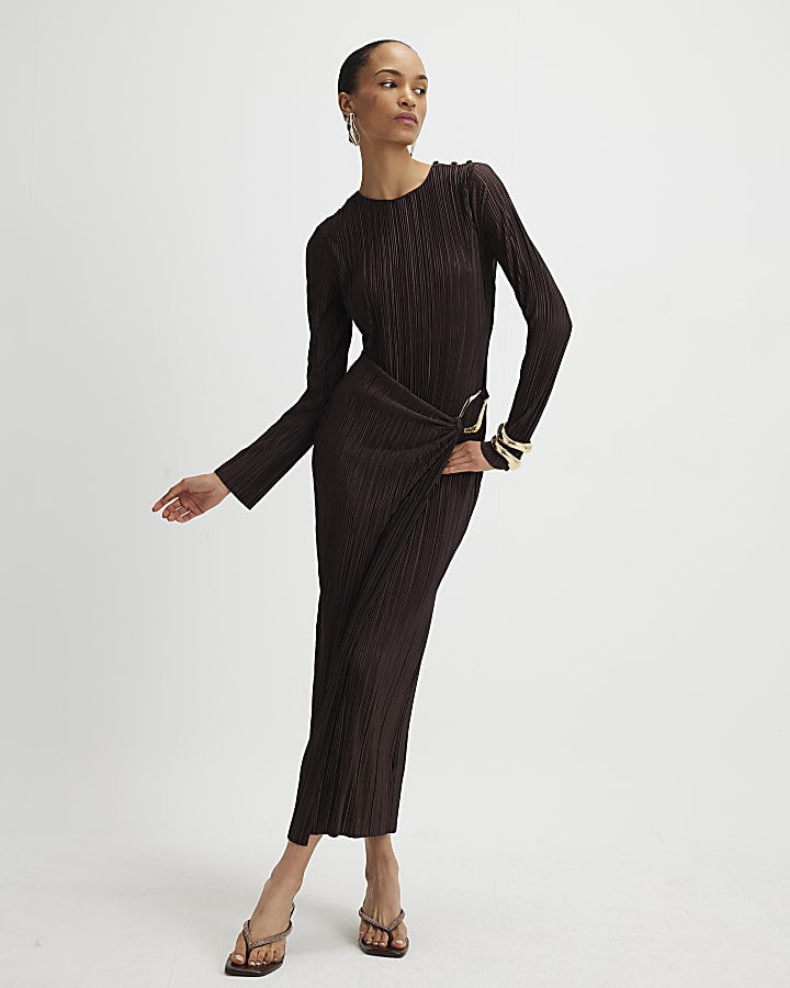 marrone plissé dettaglio fibbia midi dress