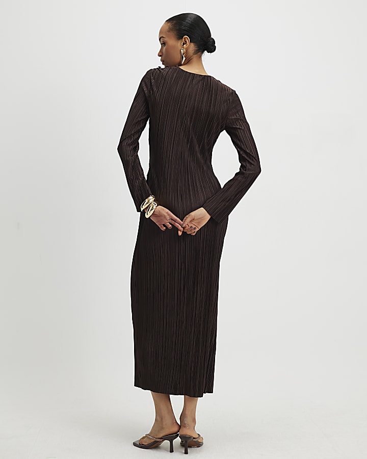 marrone plissé dettaglio fibbia midi dress
