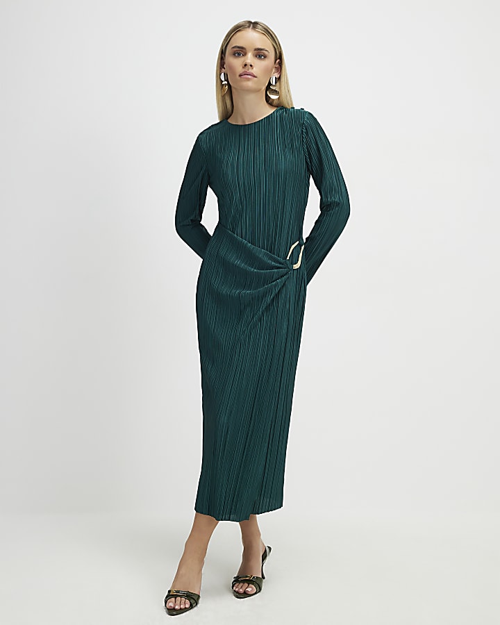 petite verde plissé dettaglio fibbia midi dress