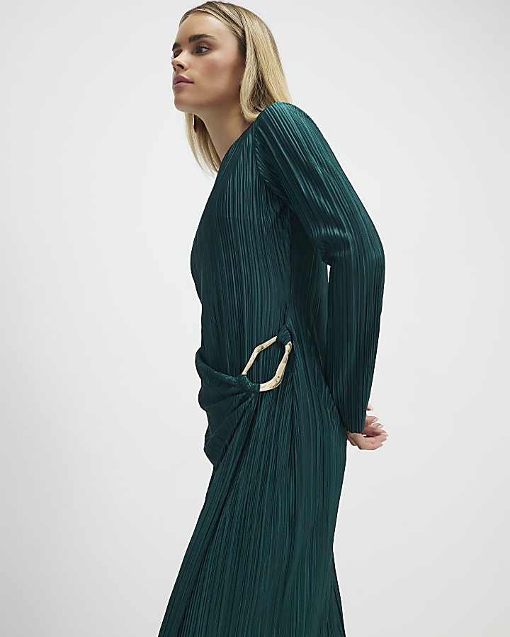 petite verde plissé dettaglio fibbia midi dress