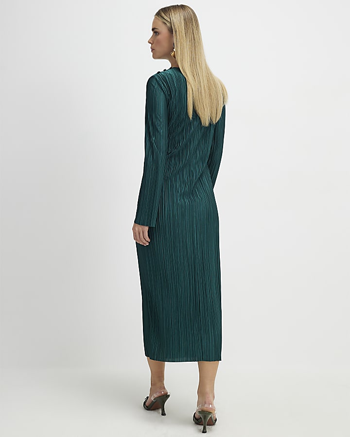 petite verde plissé dettaglio fibbia midi dress