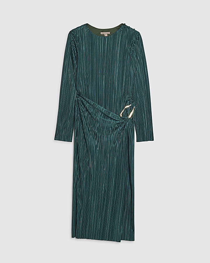 petite verde plissé dettaglio fibbia midi dress