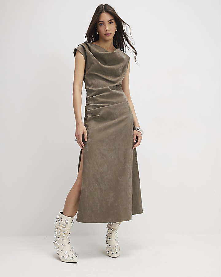 khaki effetto martellato collo con cappuccio midi dress