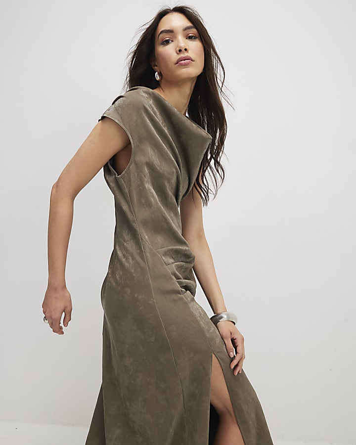 khaki effetto martellato collo con cappuccio midi dress