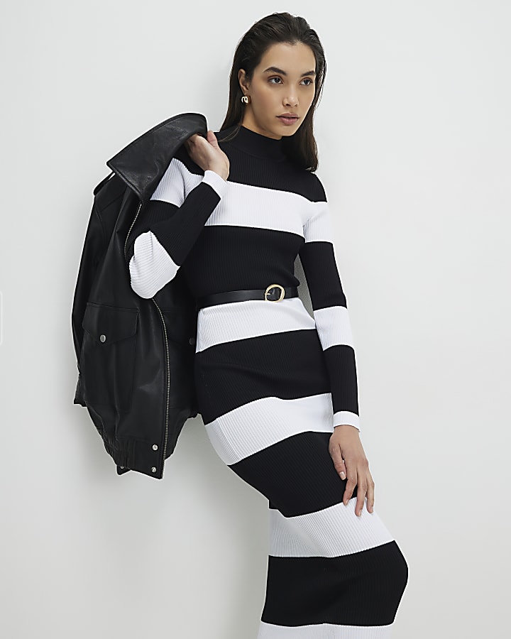 nero con cintura striscia a maglia midi dress