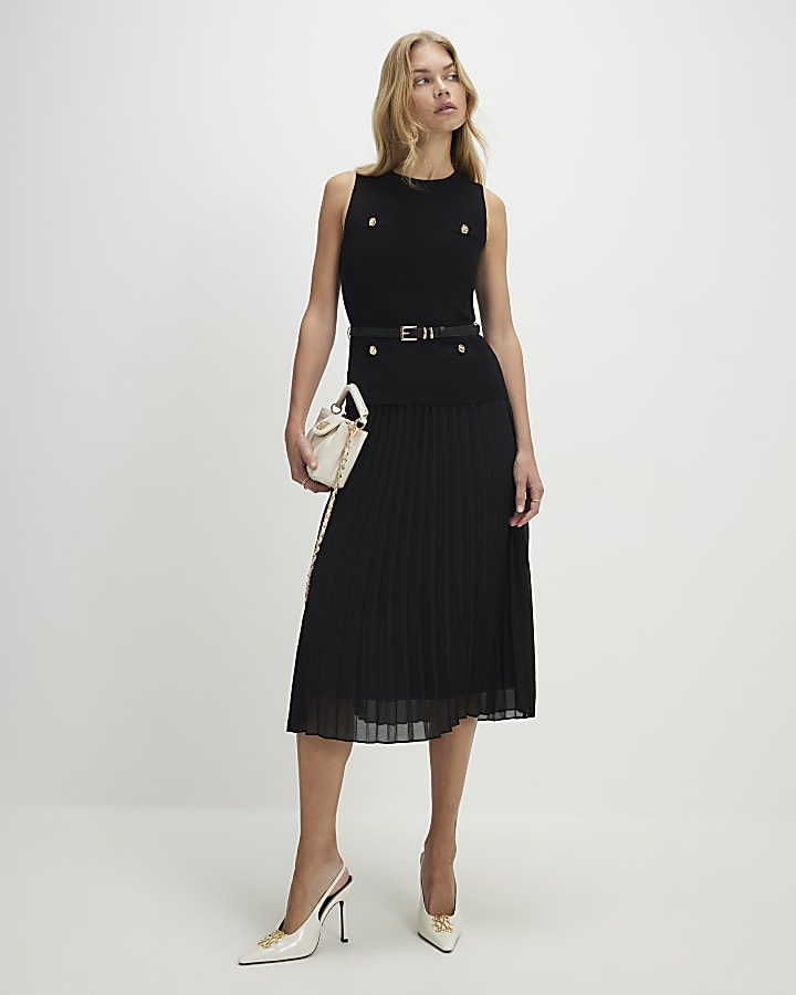 nero con cintura pieghe orlo midi dress