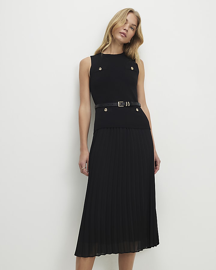 nero con cintura pieghe orlo midi dress