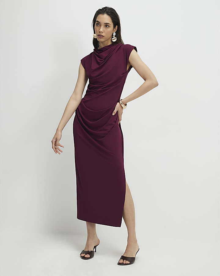 rosso senza maniche increspato midi dress