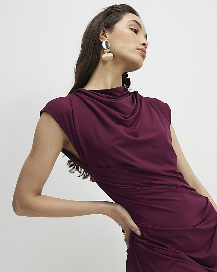 rosso senza maniche increspato midi dress