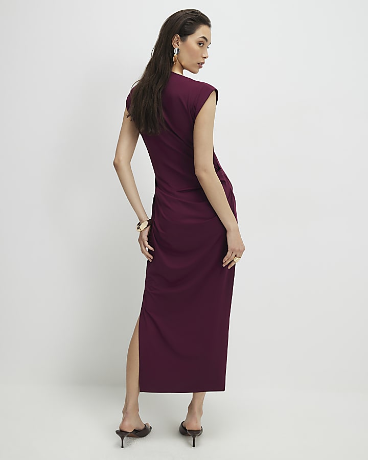 rosso senza maniche increspato midi dress