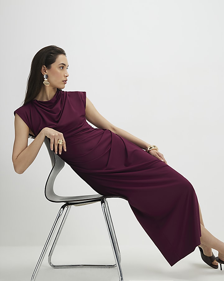 rosso senza maniche increspato midi dress