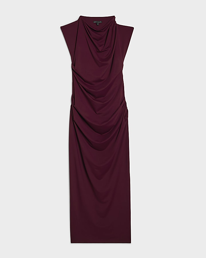 rosso senza maniche increspato midi dress