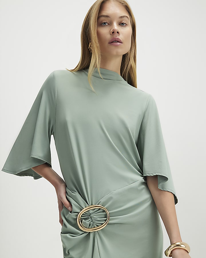 verde e fibbia ad ardiglione in oro midi dress