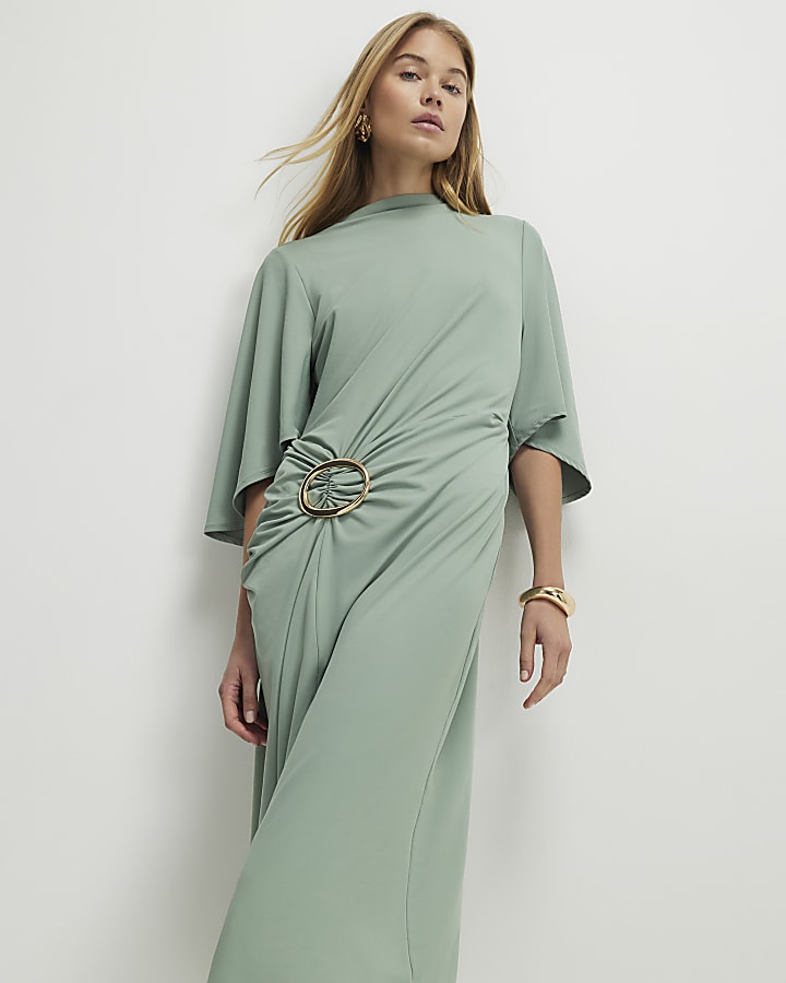 verde e fibbia ad ardiglione in oro midi dress
