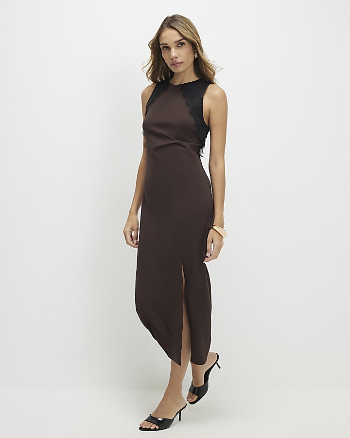 marrone pizzo twist midi dress