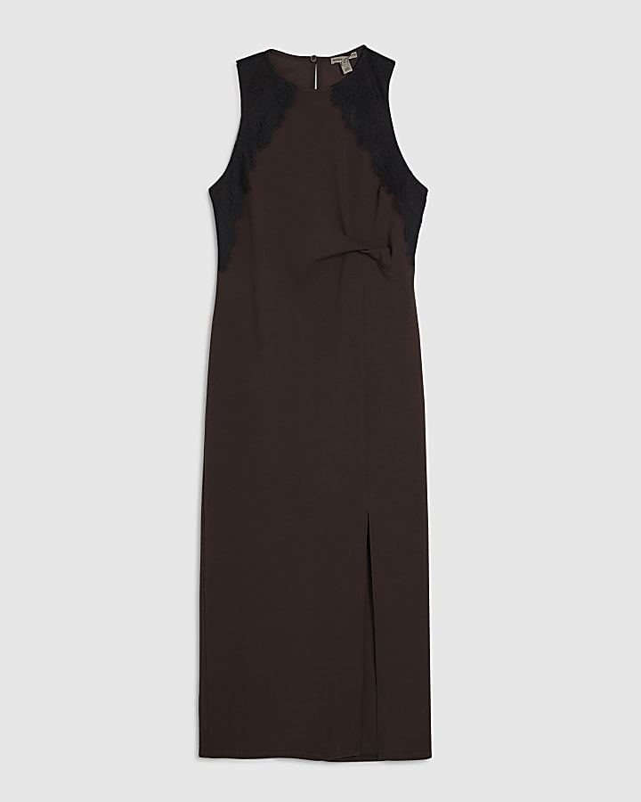 marrone pizzo twist midi dress