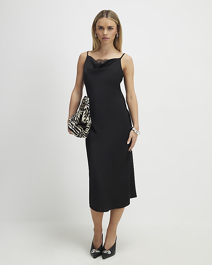 petite nero cowl neck lace trim midi dress