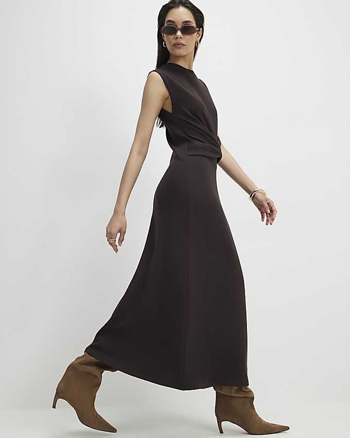 marrone premium torsione anteriore midi dress
