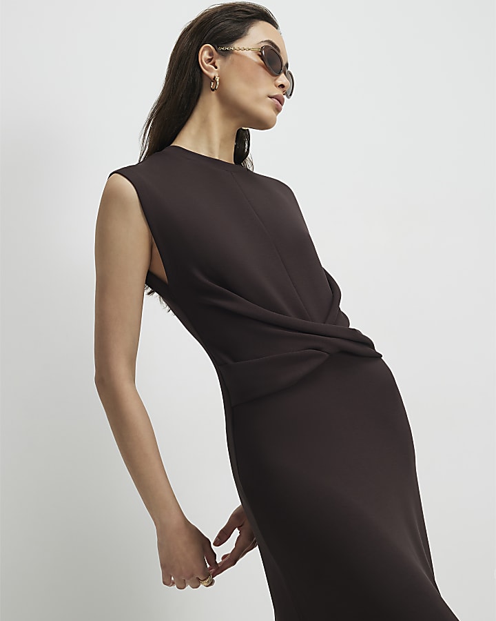 marrone premium torsione anteriore midi dress