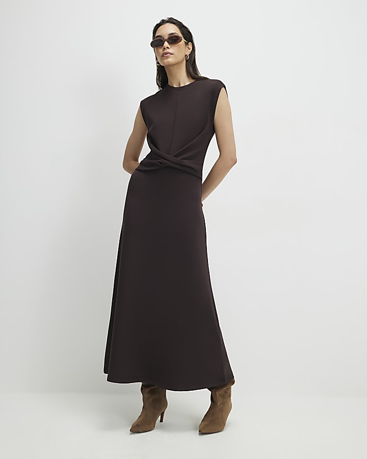 marrone premium torsione anteriore midi dress