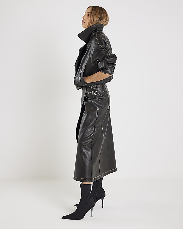 nero finta pelle distressed avvolgere gonna midi