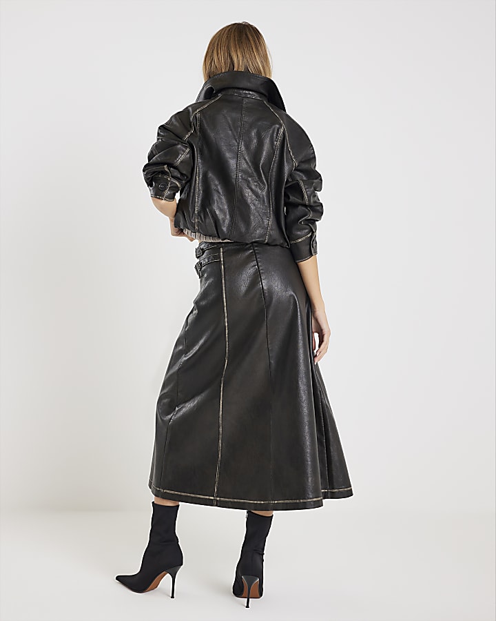 nero finta pelle distressed avvolgere gonna midi