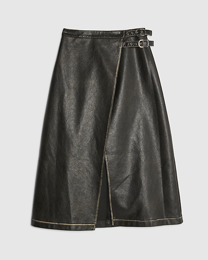 nero finta pelle distressed avvolgere gonna midi