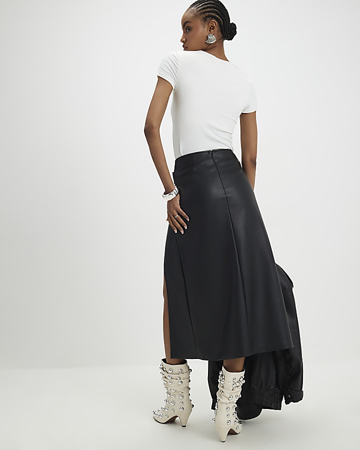 nero ecopelle avvolgere occhiello midi skirt