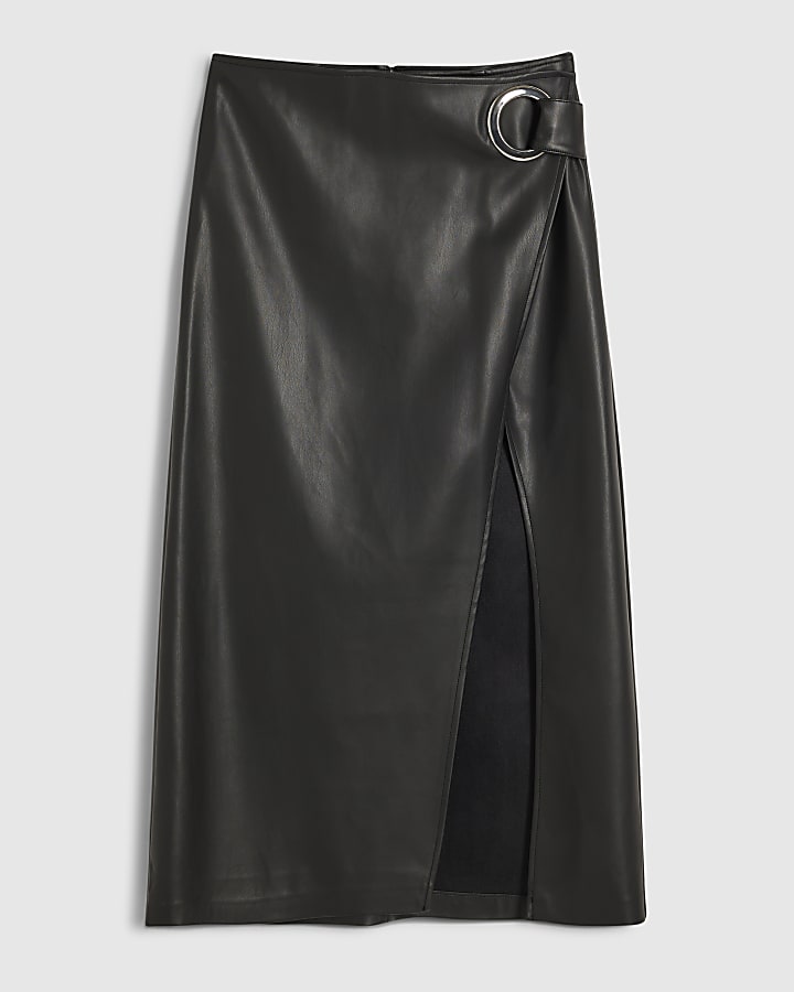 nero ecopelle avvolgere occhiello midi skirt