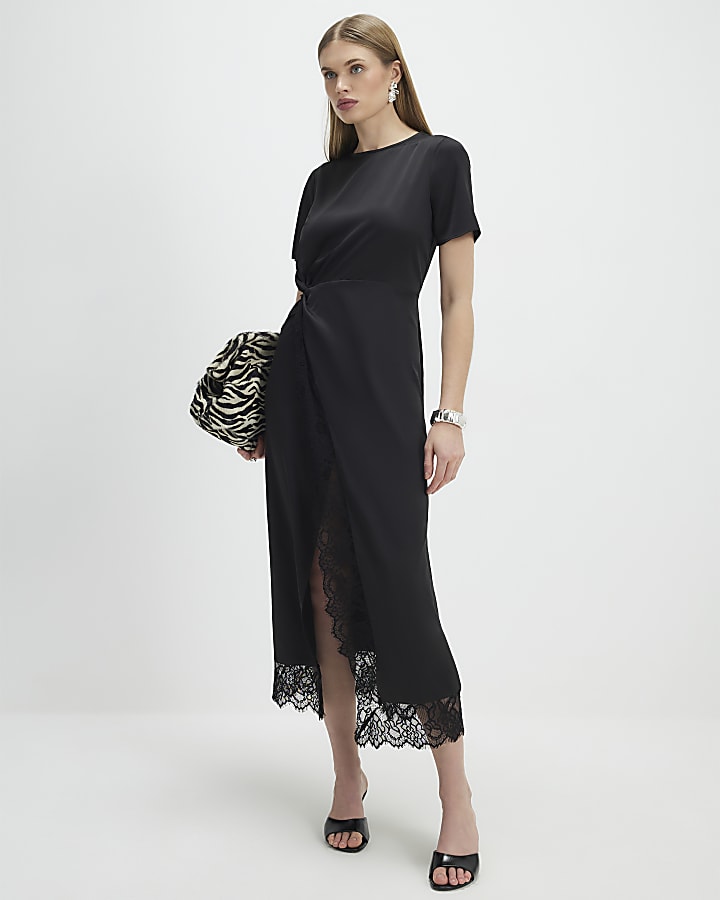 nero pizzo lato torsione midi dress
