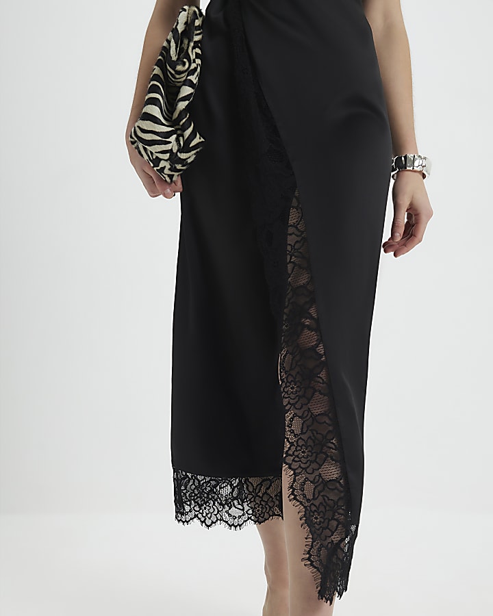 nero pizzo lato torsione midi dress